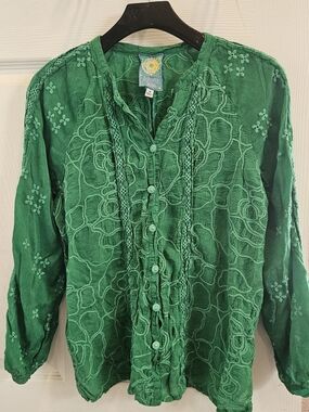 Johnny Was Green Embroidered Button-Front Women's Top